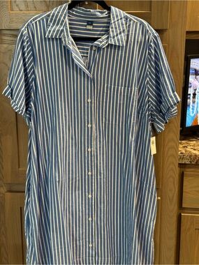 Women’s Blue & White Stripe Button-Up Dress- Casual Short Sleeve